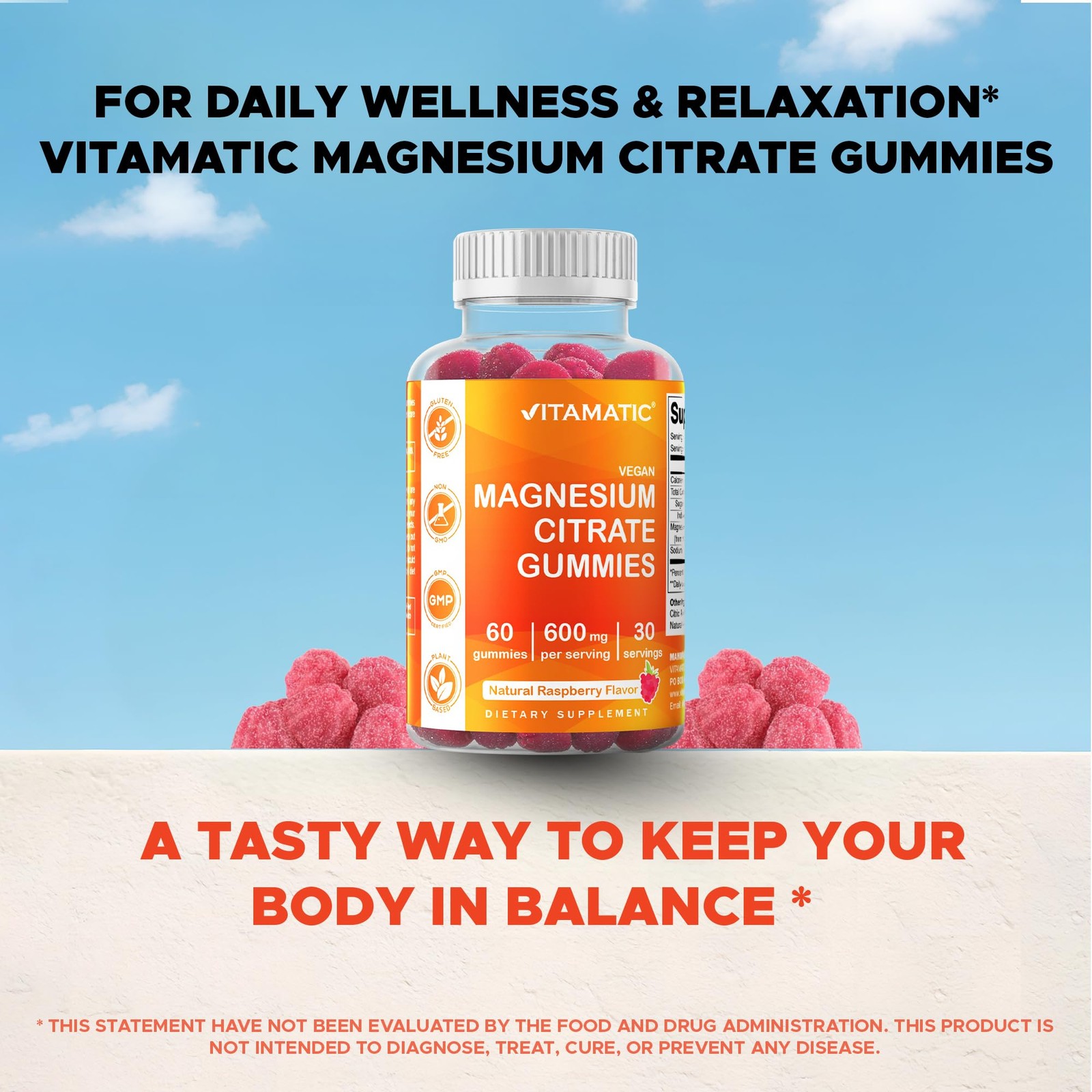 Vitamatic Magnesium Gummies 600mg per Serving – 60 Vegan 60 Count (Pack of 3)