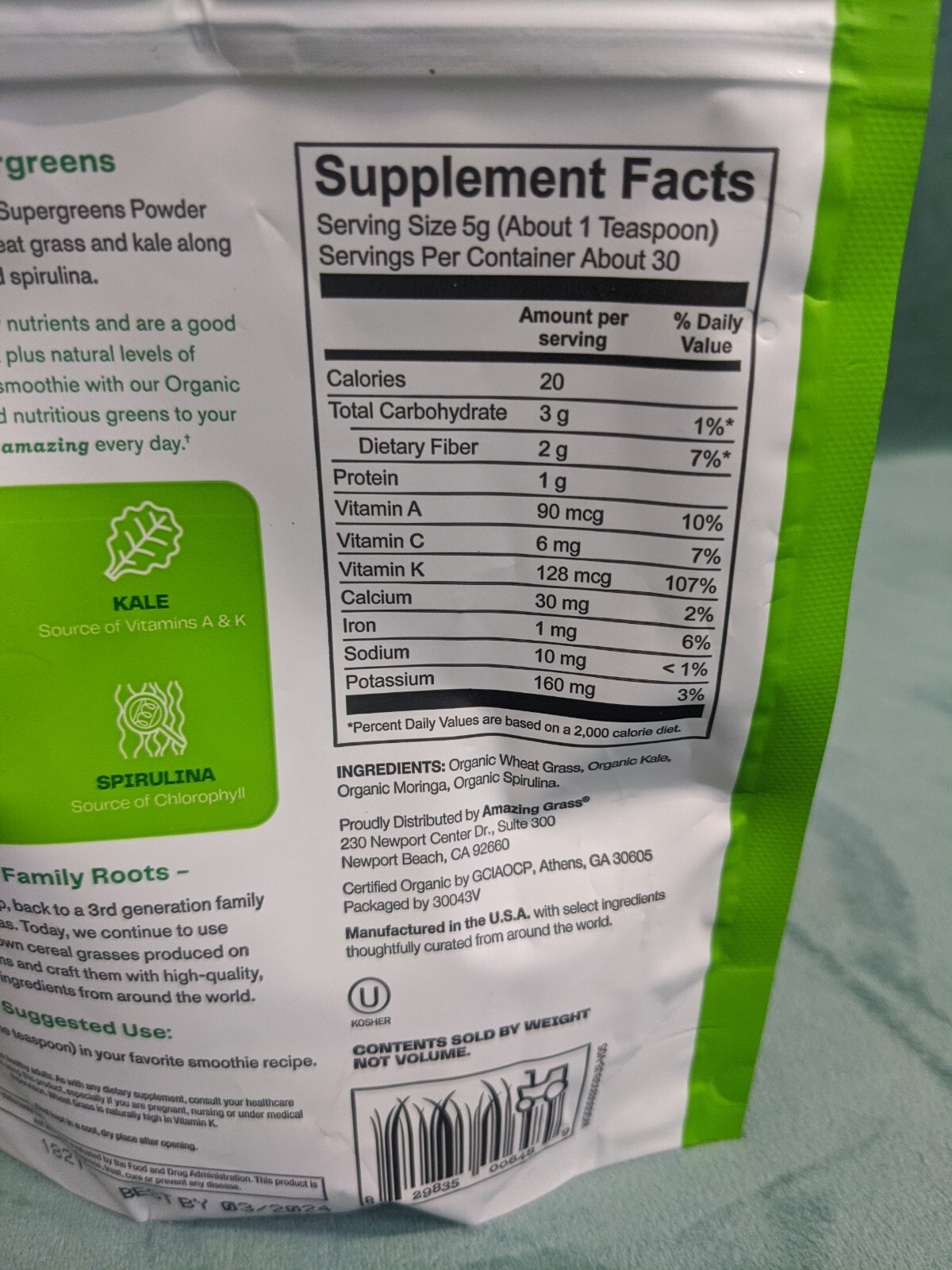 Amazing Grass Organic Supergreens Powder WheatGrass, Kale, Moringa 5.29 oz