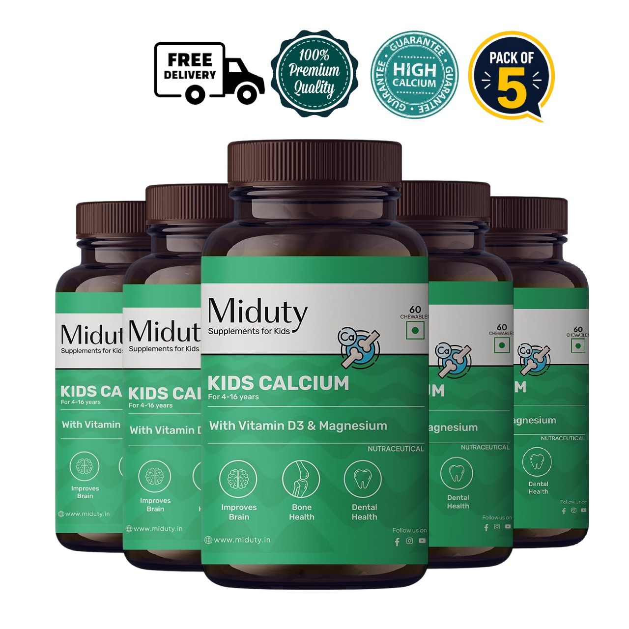 5x Midu.ty Kids Calcium D3 K2 Magnesium 60 Chewables