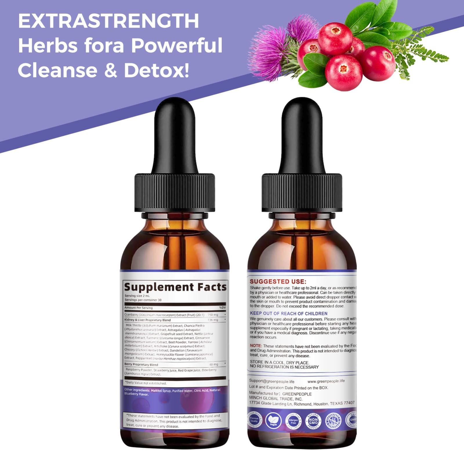Kidney & Liver Cleanse Detox Drops – 2 Oz Alcohol-Free Supplement with Cranberry