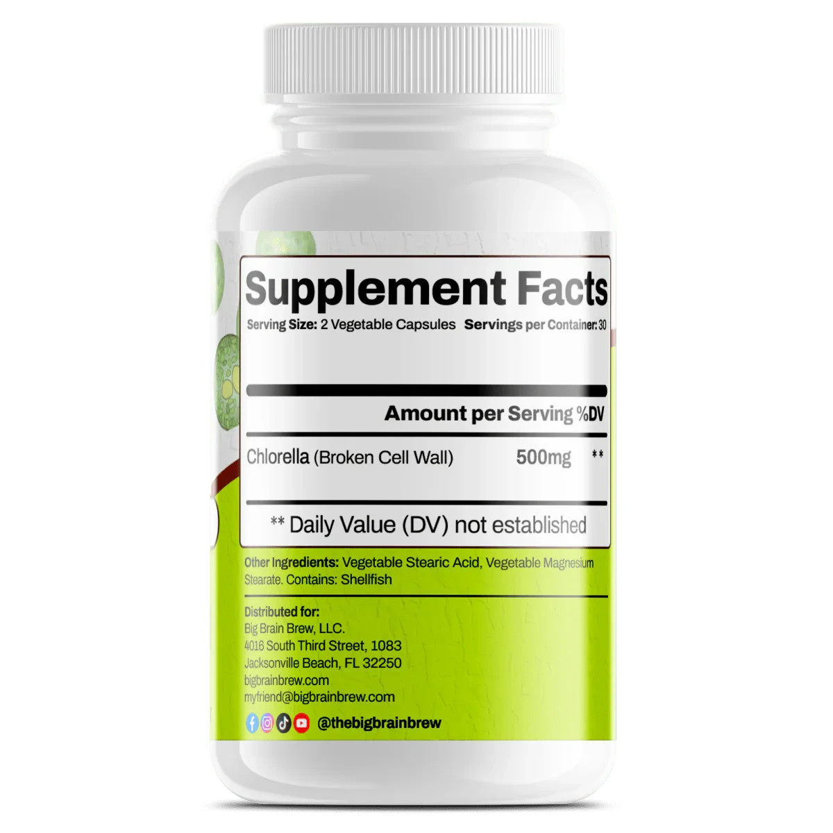 Big Brain Brew Pure Chlorella 500mg 60 Veggie Capsules Broken Cell Wall Algae