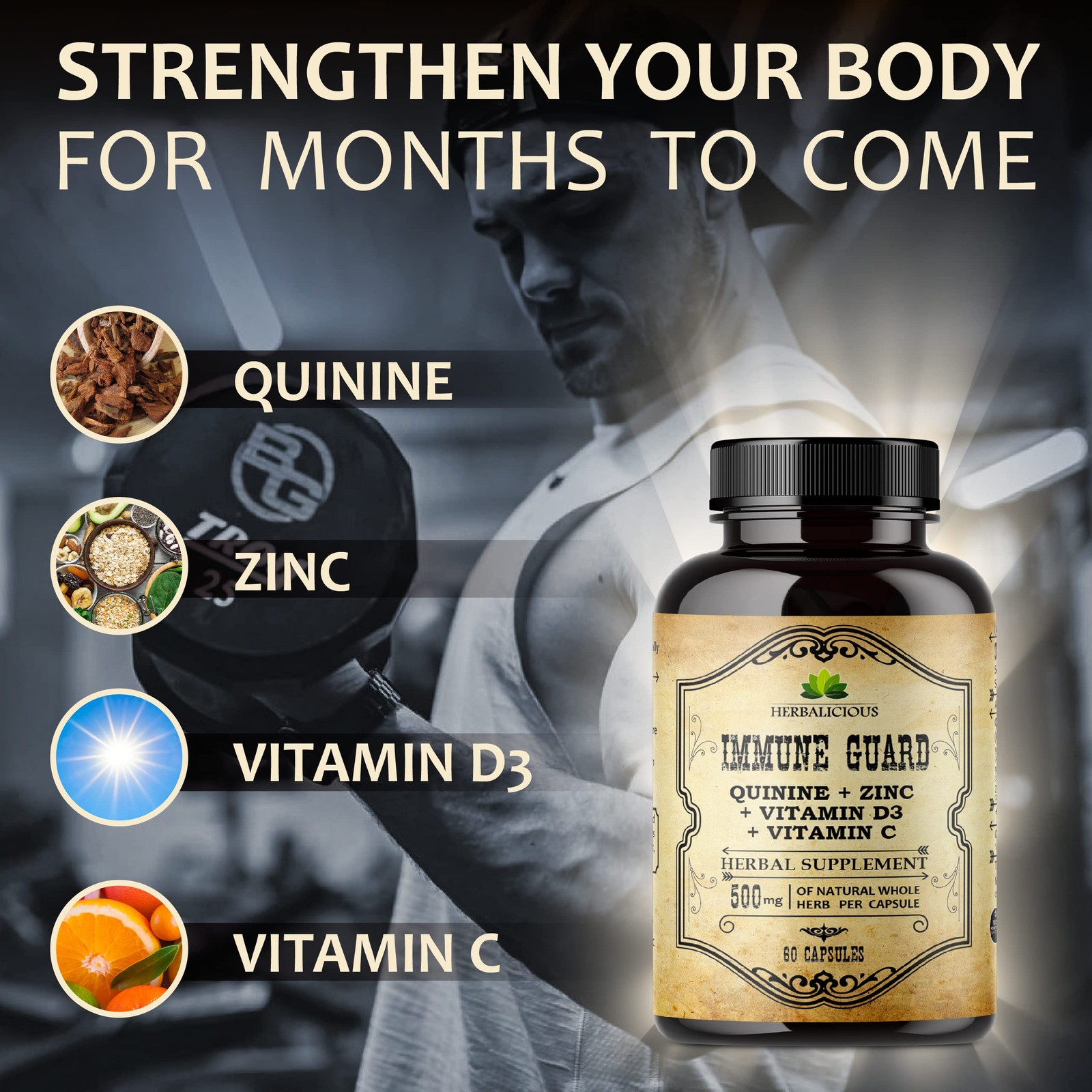 HERBALICIOUS Quinine Immune Guard 500mg w Vitamin C D3 Zinc 60 Caps