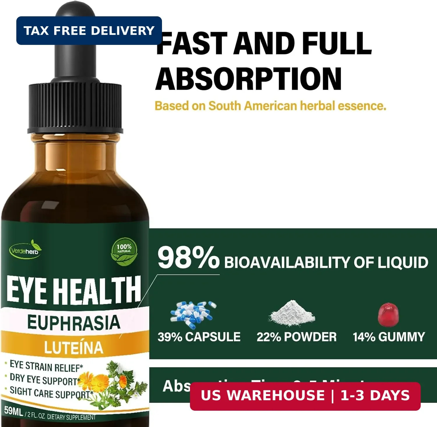 Eyebright Herb Eye Health Drops, Bilberry & Lutein Liquid Extract Herbal Supplem