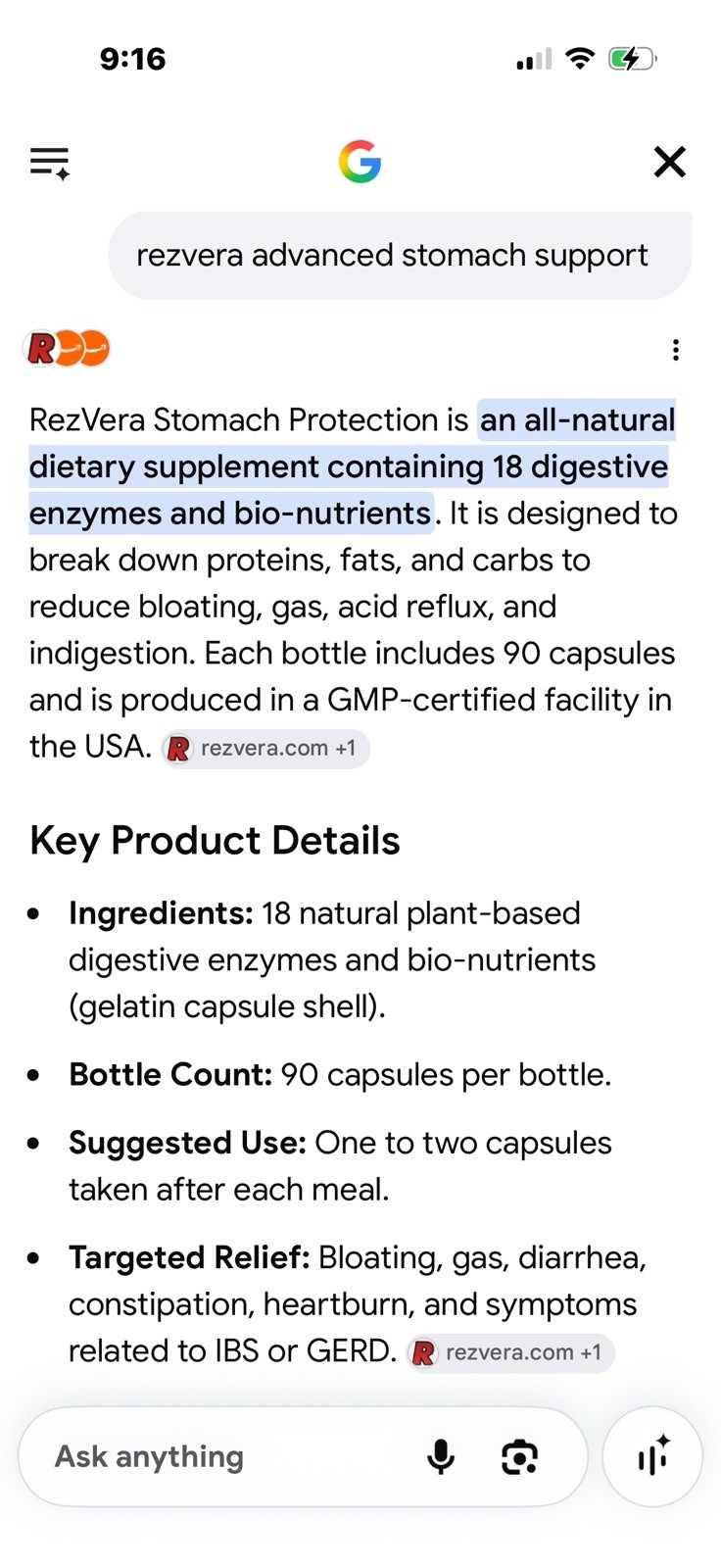 RezVera #1 Best All Natural Digestive Supplement 90 Caps