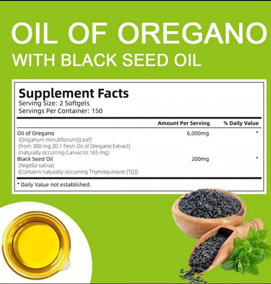 2 PACK Oil of Oregano Capsules 300 Softgels 6000mg Black Seed Oil High Strength