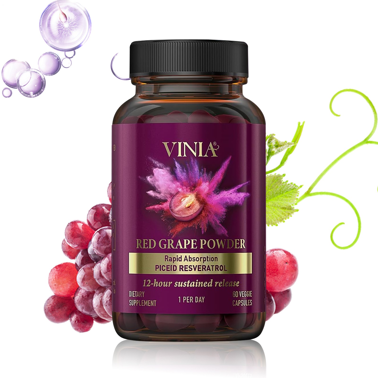Vinia Red Grape Powder Rapid Absorbtion Piceid Resveratrol 30 Veggie Capsul New