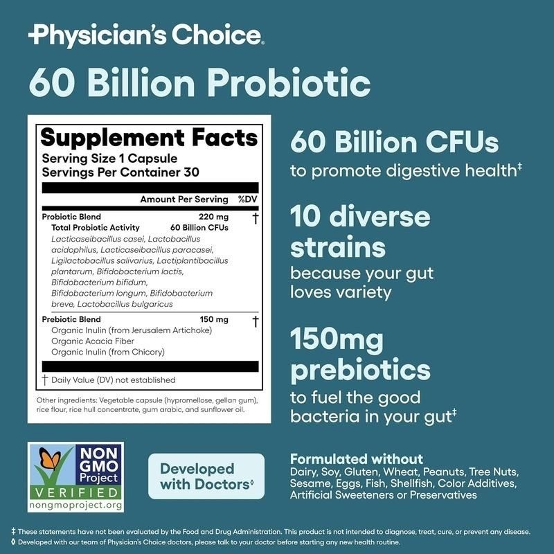 USPS Physician’s Choice 60B Probiotics 10 Strains with Organic Prebiotics Gut Ba