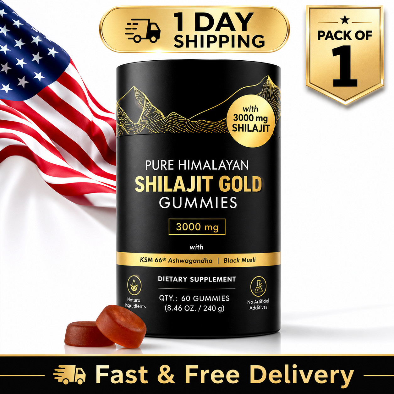 100% Pure Organic Shilajit GOLD Gummies, Ashwagandha, Fulvic Acid& other 3000mg