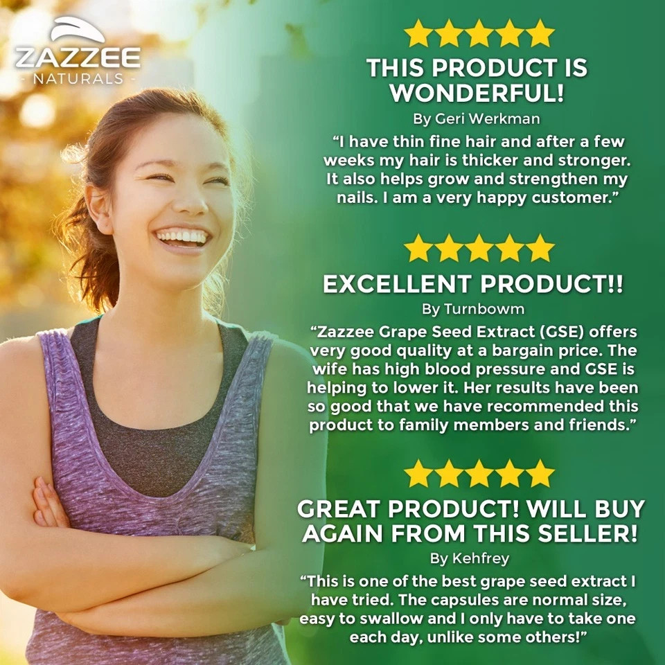 Zazzee Grape Seed 50:1 Extract 180 Vegan Capsules 95% Polyphenols Non GMO USA