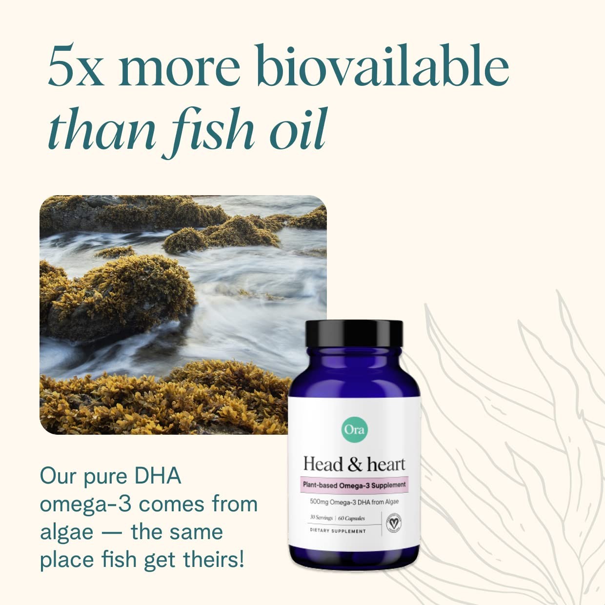 Ora Organic Vegan Omega 3 Supplement 500mg DHA for Brain, Eye, and Heart Hea…