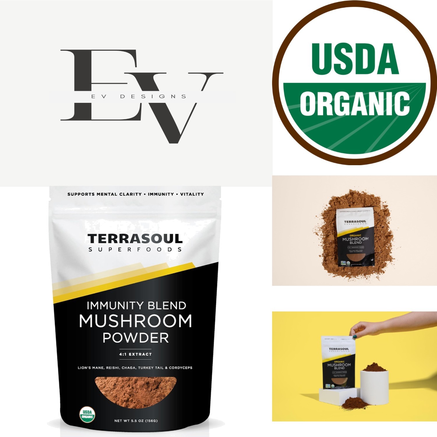 Natural Immune Support with Organic Five Mushroom Blend Powder – 6 oz Bag