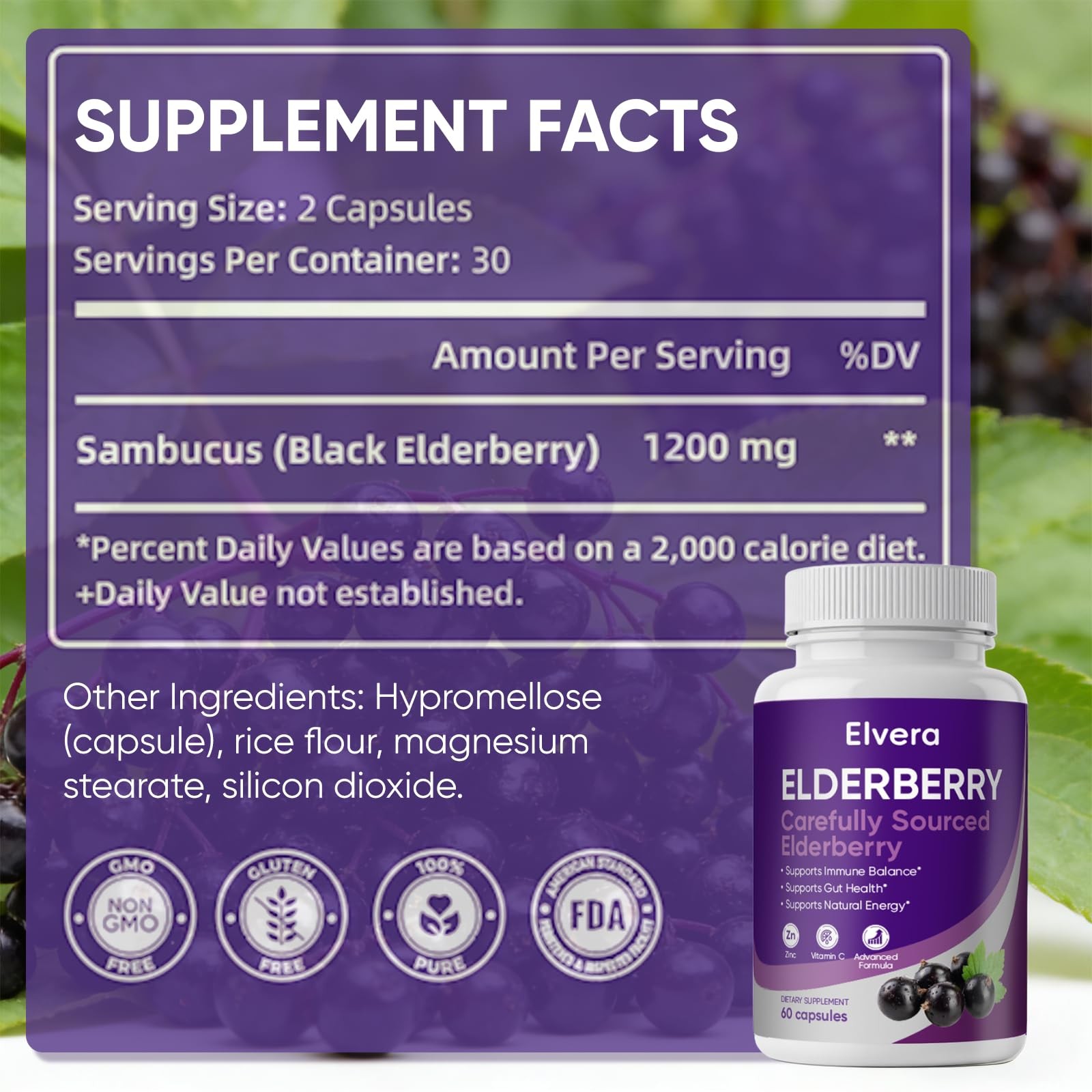 Uozxil Elvera Elderberry Elvera Gut Support Complex1200 Mg Sambucus Elderberry