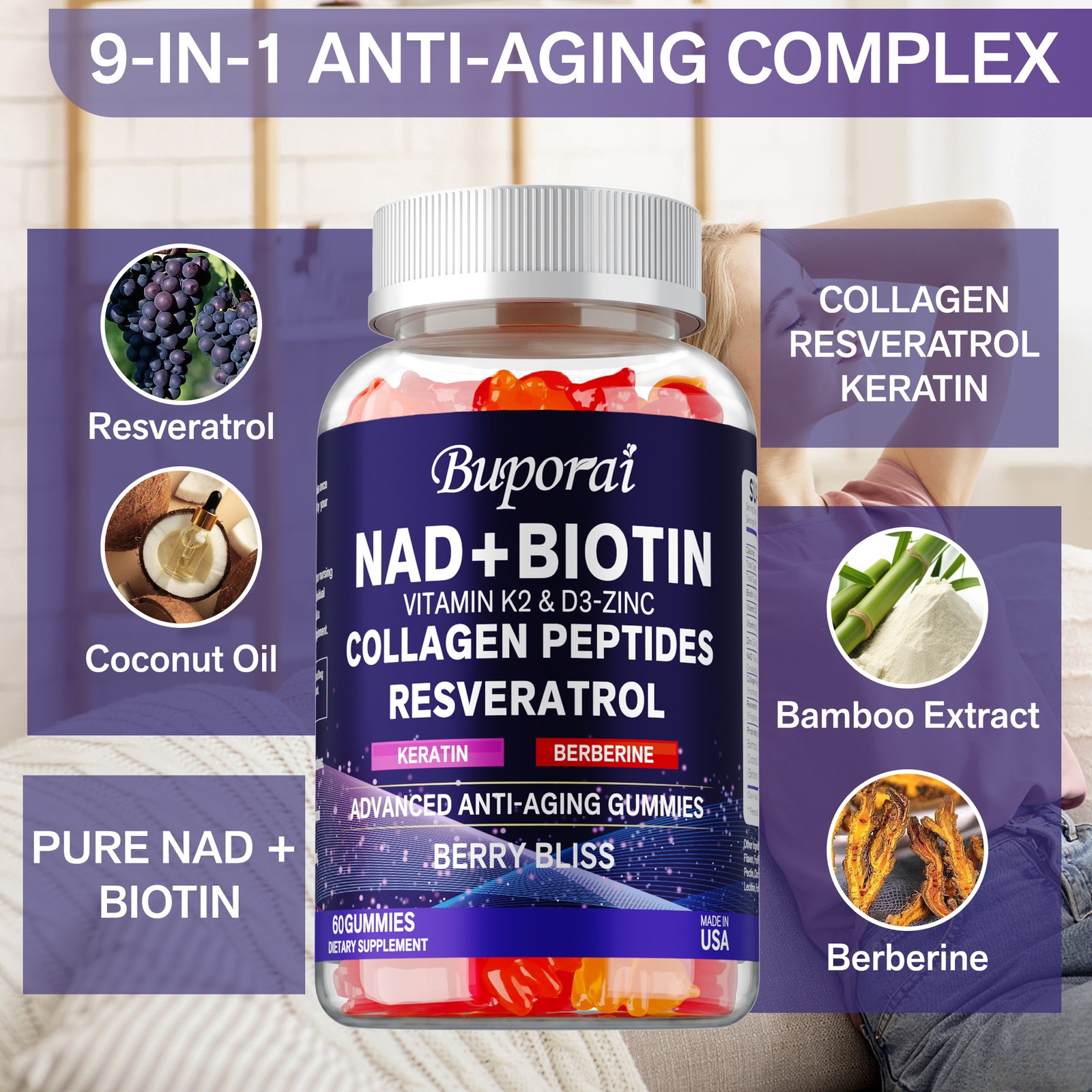 NAD+ Biotin – Resveratrol,Collagen – Promotes Healthy Hair, Nail Growth,and Skin
