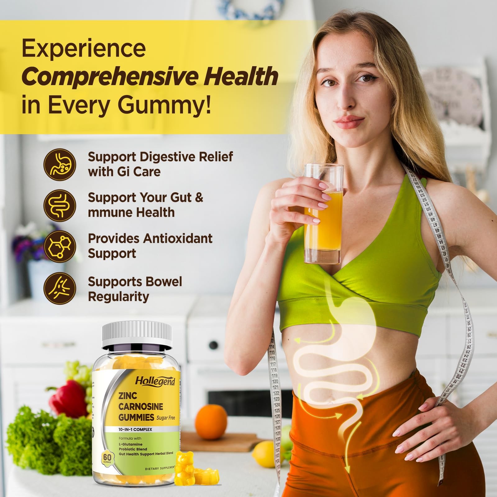 Zinc Carnosine 75mg 60 Gummies Sugar Free Gut Digestive Health Support Probiotic