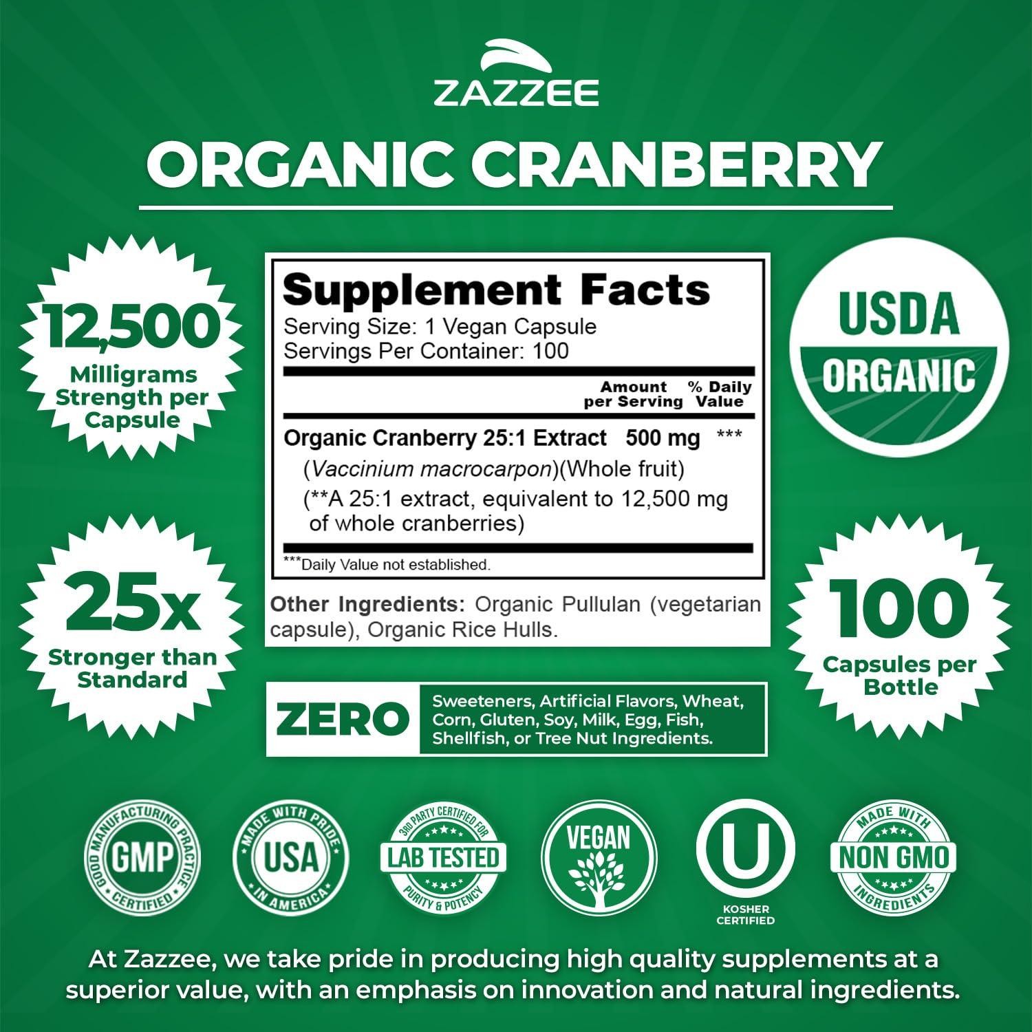 USDA Organic Cranberry 25:1 Extract, 500 mg per Capsule, 60 Vegan Capsules