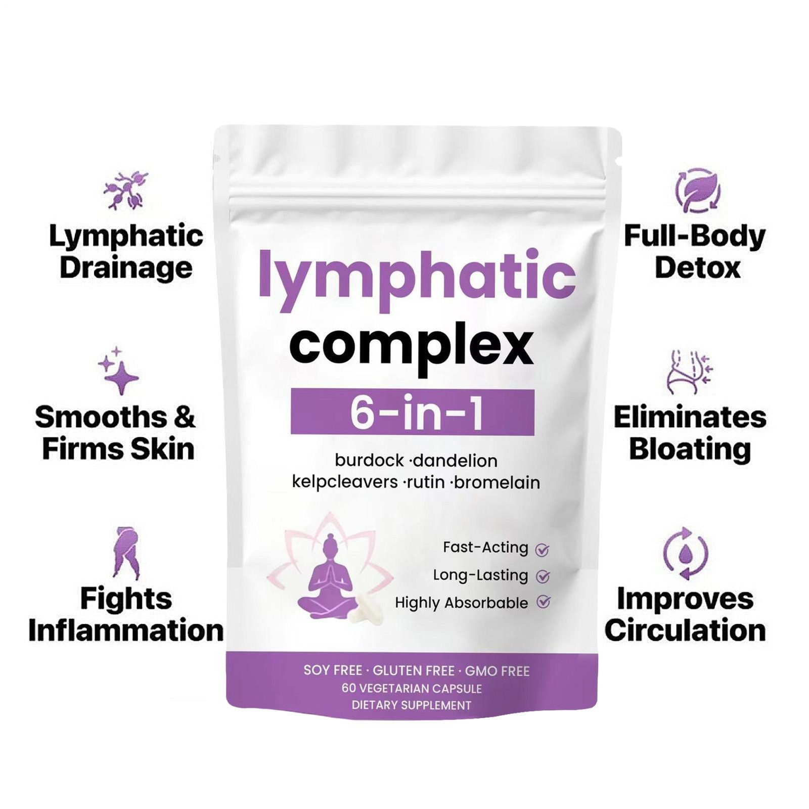 6-in-1 Lymphatic Complex Drainage Supplement Dandelion Burdock Bromelain