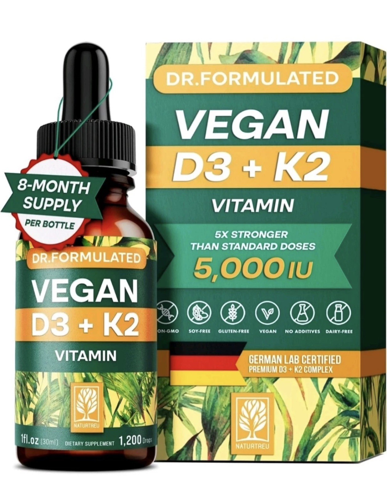 Naturtreu D3 + K2 5000 IU 1200 Drops Plus Vegan Gluten Free Dairy Free