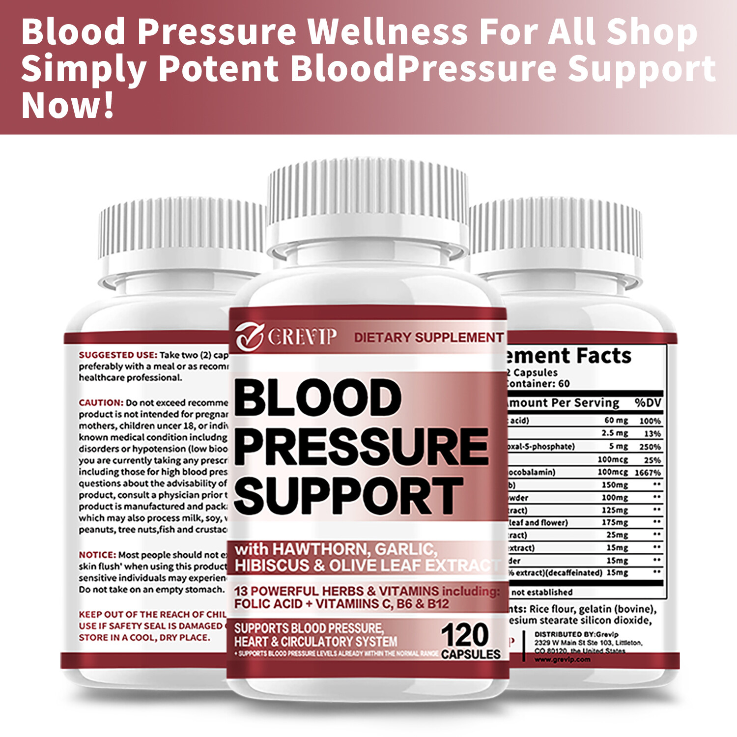120pcs Blood Pressure Support-Hawthorn,Hibiscus,Olive Leaf-Cardiovascular Health