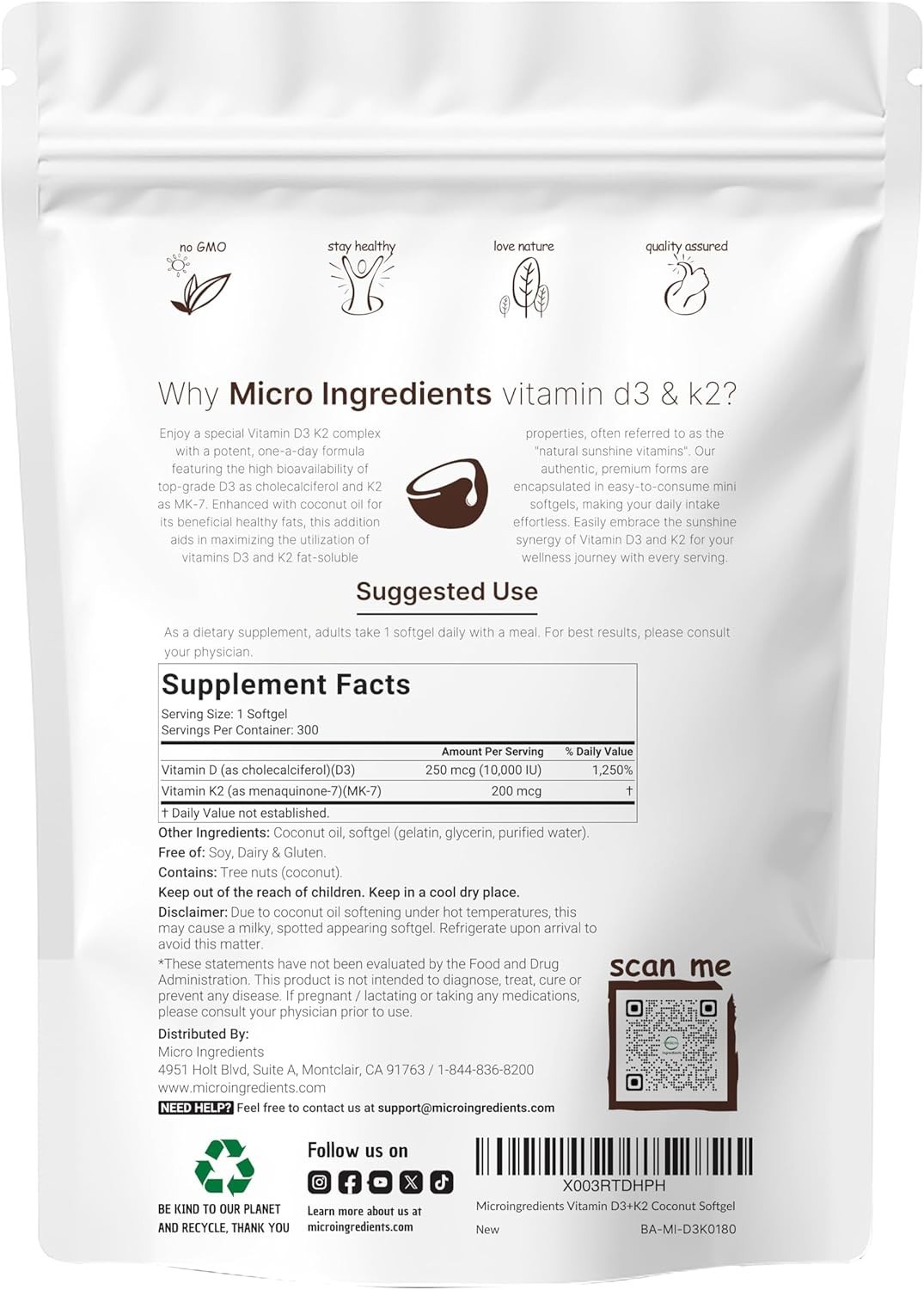 Micro Ingredients Vitamin D3 10,000 IU + K2, with Virgin Coconut Oil,exp 10/2027