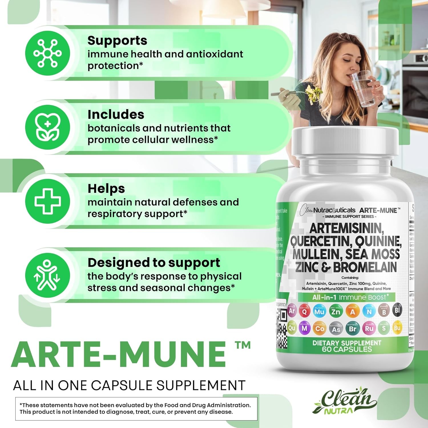 Clean Nutraceuticals Artemisinin Quercetin Zinc Mullein Quinine Supplement with