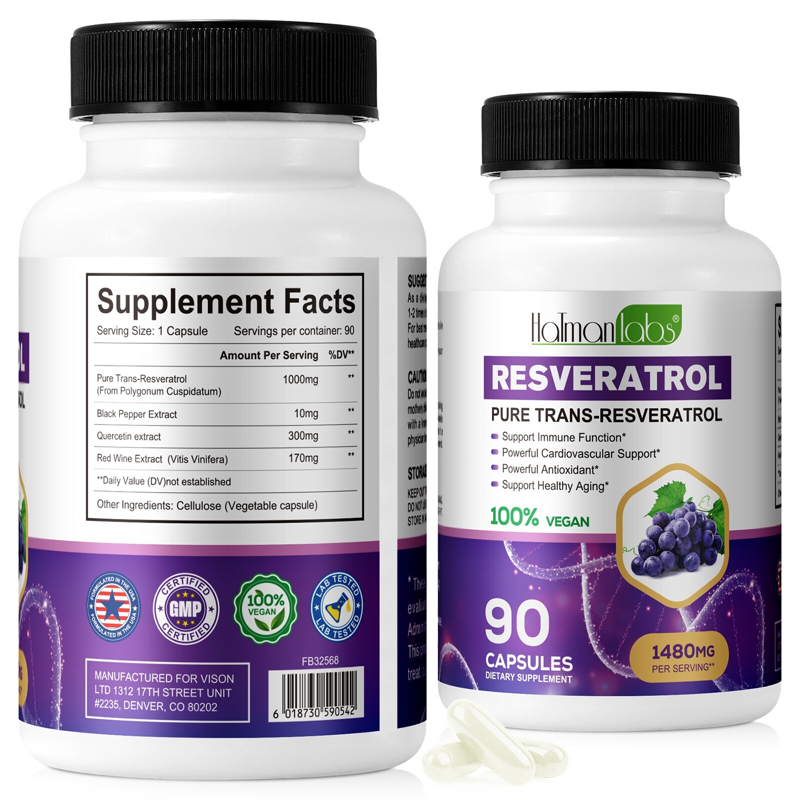 High Purity Resveratrol Capsules 98% Trans-Resveratrol Reservatrol Supplement –