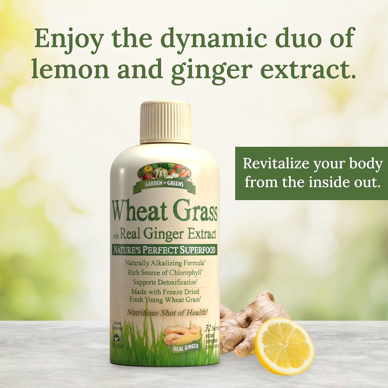 Garden Greens Wheat Grass Liquid Supplement Lemon Flavor 32 Fl Oz 32 Servings
