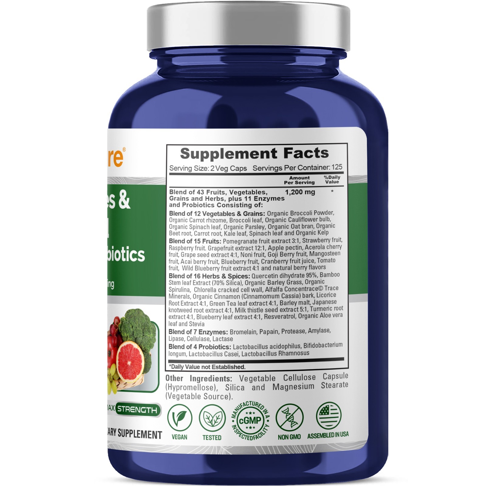 46 Fruits and Veggies Supplement | 250 Vcaps | 11 Enzymes & Probiotics