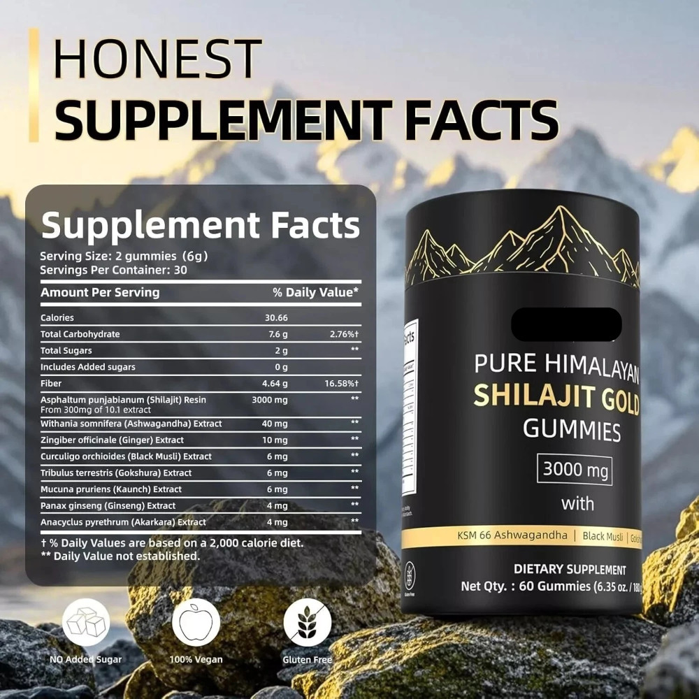 2X Natural 60 Shilajit Gold Gummies Ashwagandha and Gokshura Himalayan Gummies