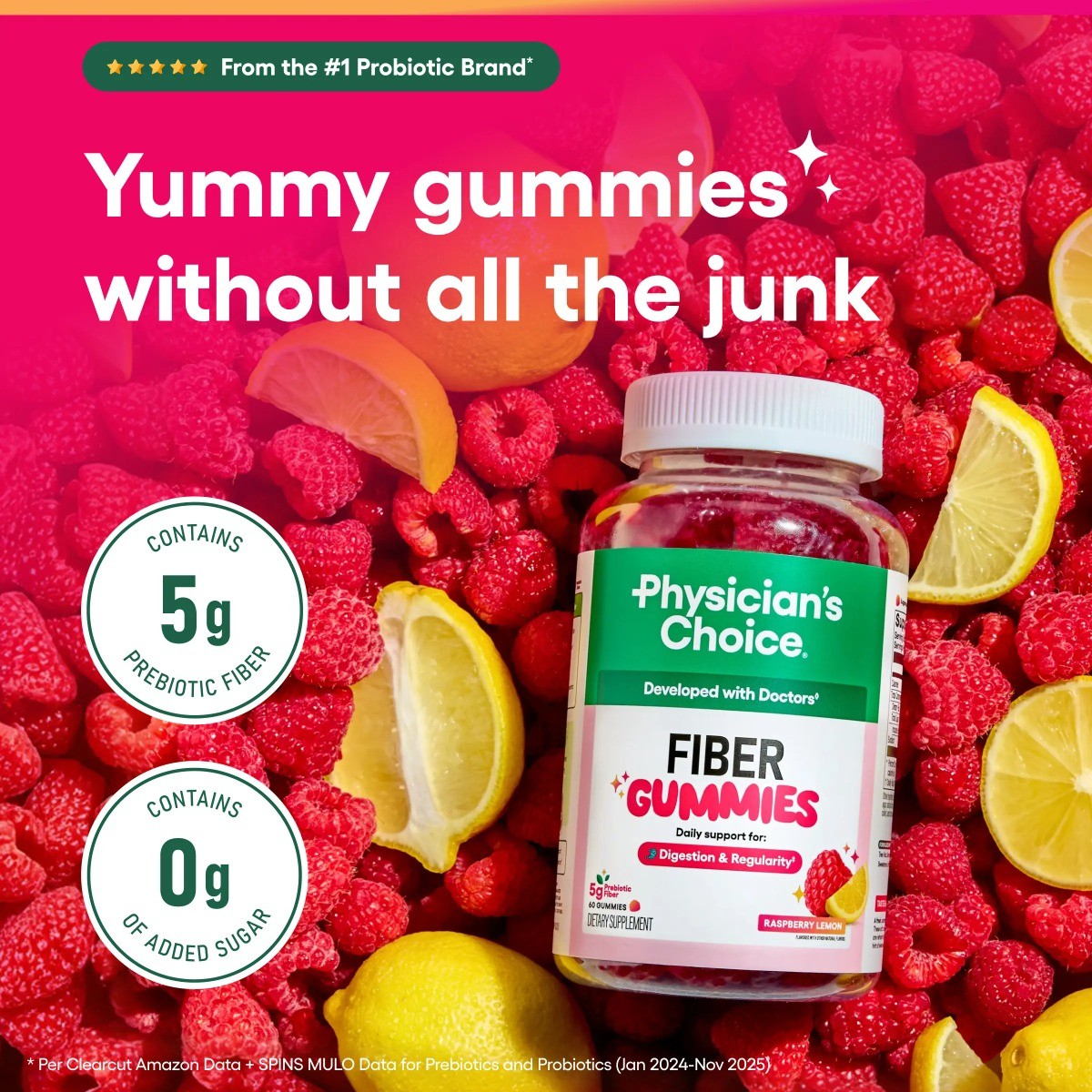 Physician’s Choice Fiber Gummie–Digestive Health,Raspberry Lemon,No Sugar Added