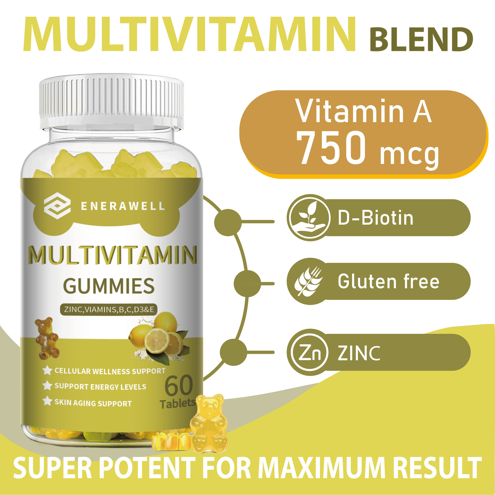 Multivitamin Gummies Vitamins A,B6,B12,C, D3,E & Zinc Immunity Growth 02/07/2027