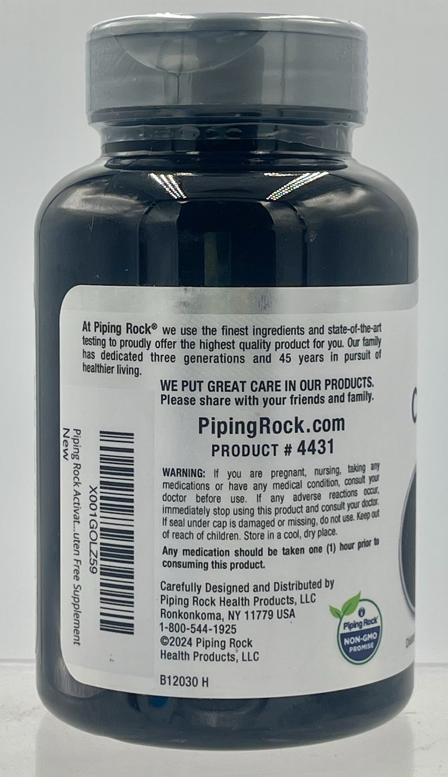 Activated Charcoal 780mg 180 Capsules by Piping Rock EXP 02/2027 Non-GMO