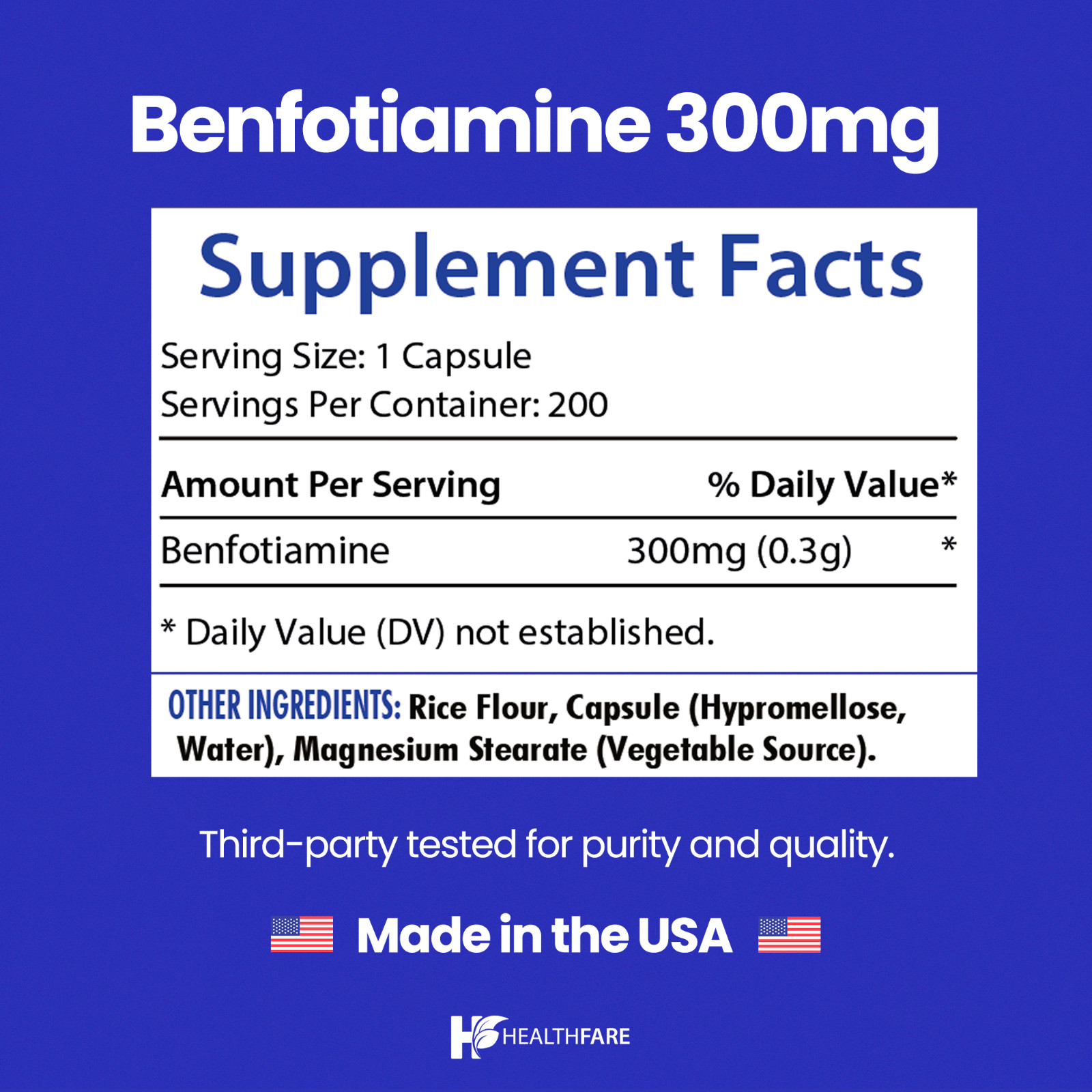 Benfotiamine 300mg 200 Veg Capsules Fat Soluble Thiamine Vitamin B1 HealthFare