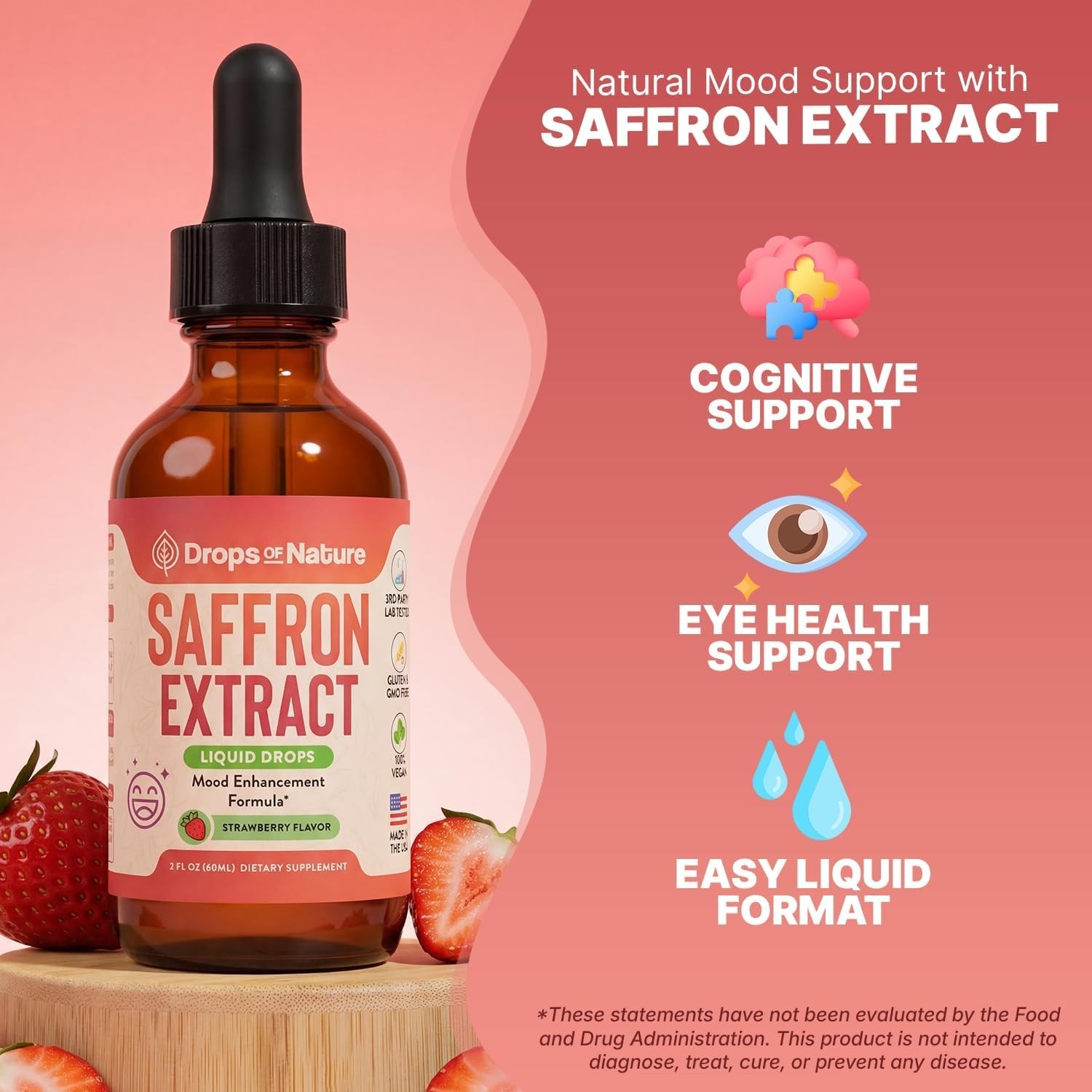 Saffron Extract Liquid Drops for Mood & Mind -Strawberry Flavor 2 fl oz 50mg