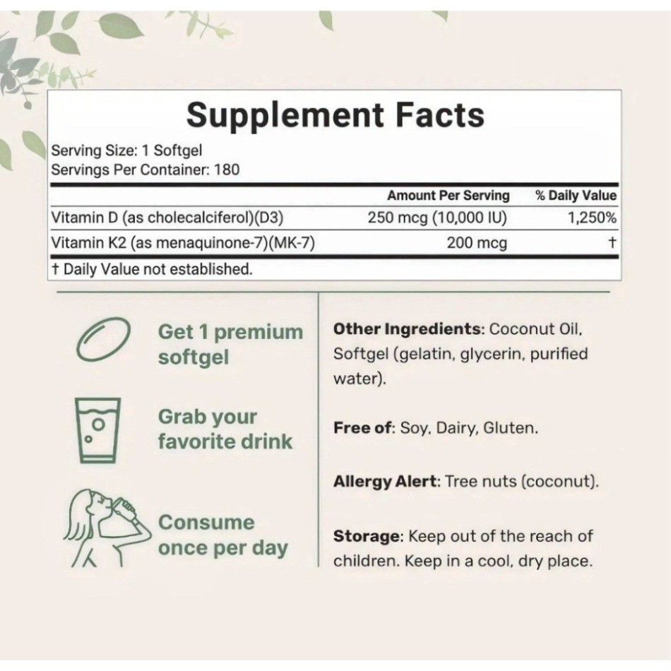 Vitamin D3 10000 IU K2 MK-7 200mcg Virgin Coconut Oil Softgels