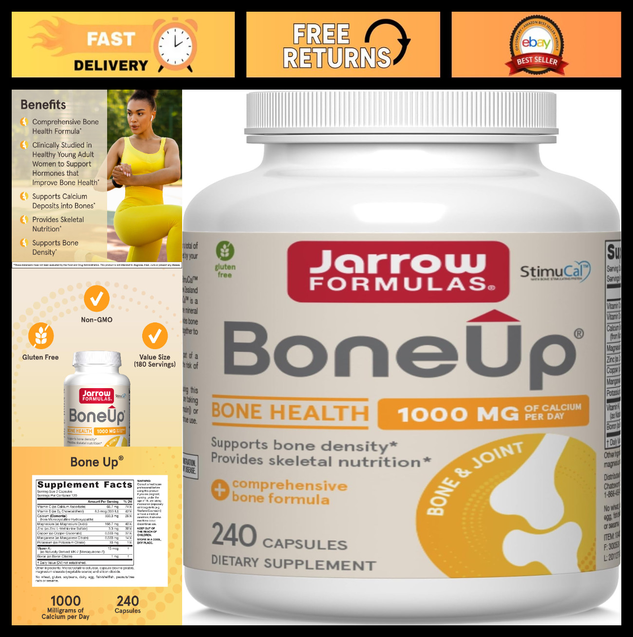 Bone Density Support Supplement – 1000mg Calcium, MCHA, Vitamins D3 & K2, 240 Ca