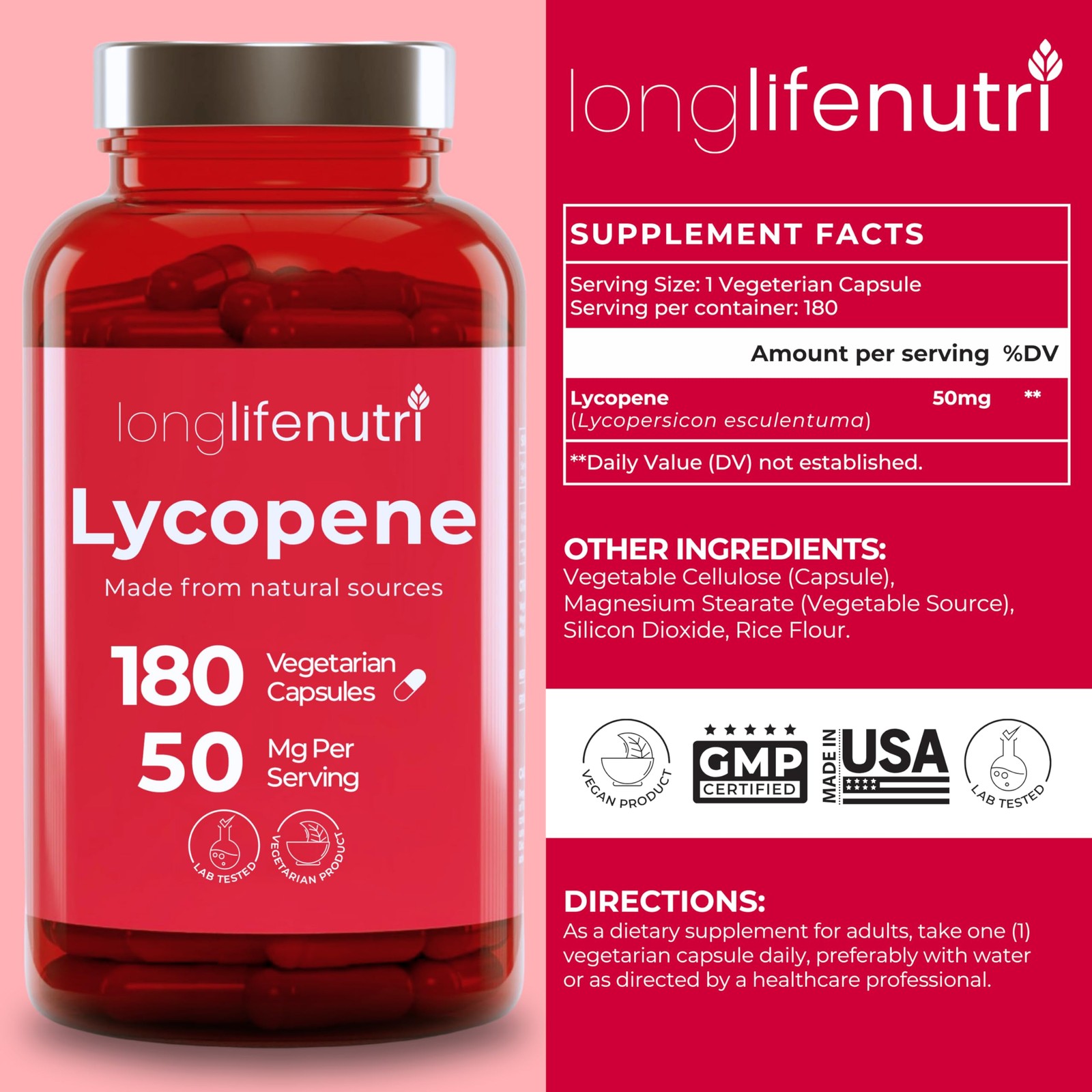 LongLifeNutri Lycopene 50mg, Natural Tomato Extract, 180 Veg Capsules