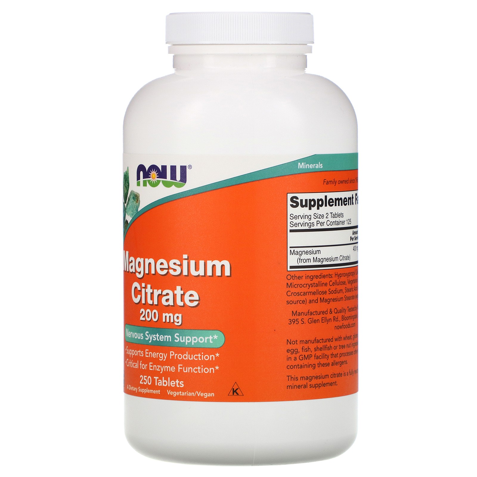 Now Foods Magnesium Citrate 200 mg 250 Tablets GMP Quality Assured, Kosher,