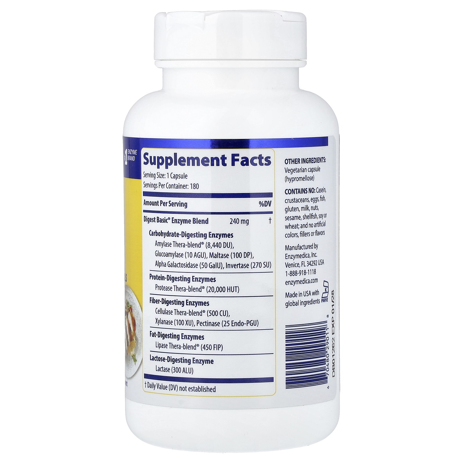Enzymedica Digest Basic Essential Enzyme Formula 180 Capsules Casein-Free,