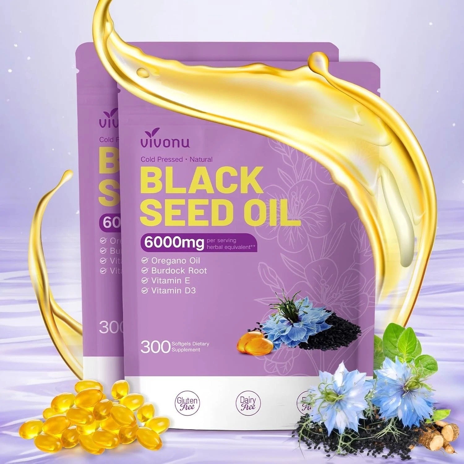 2 Pack Black Seed Oil Capsules,6000mg,300 Count Oil of Oregano,Burdock Root,E&D