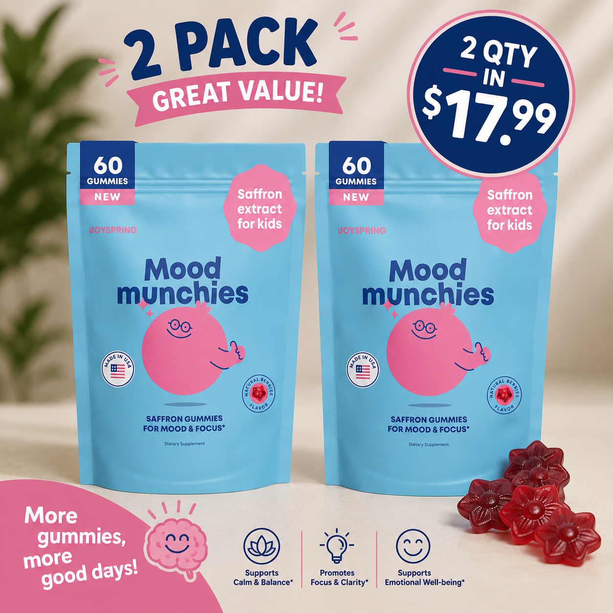 JoySpring 2 Mood Munchies Saffron Gummies for Kids | Saffron Extract Supplement