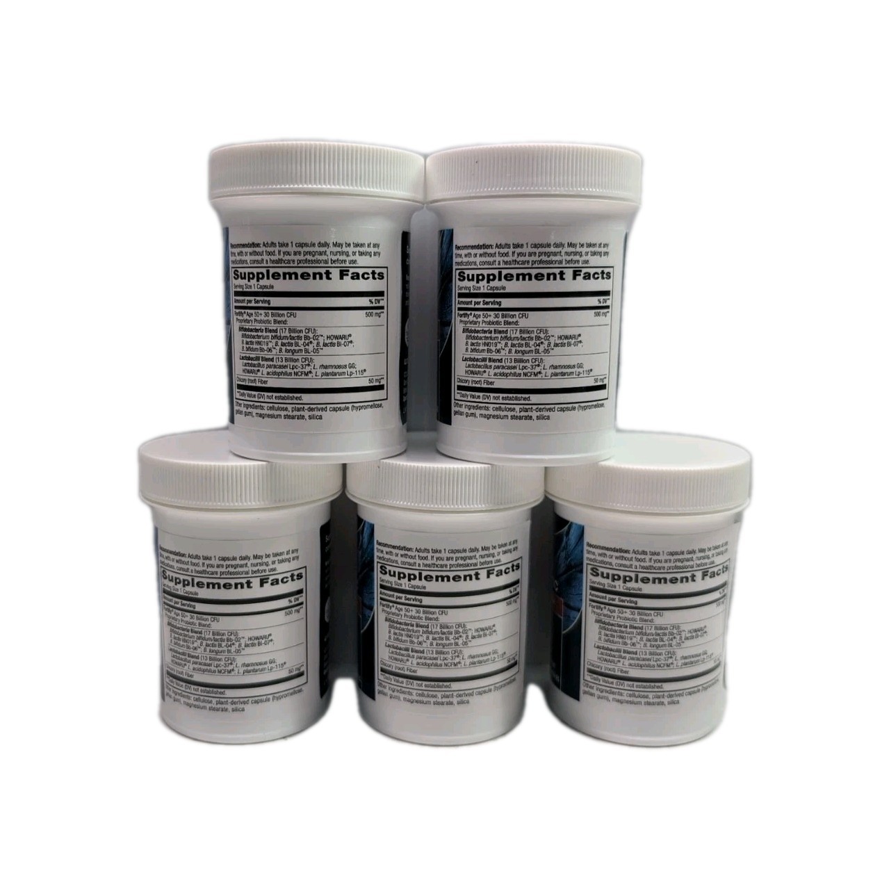 (5) Fortify 50+ Probiotics+Prebiotics 30 Bilion 30 Capsules Each. Exp: 01/2026+