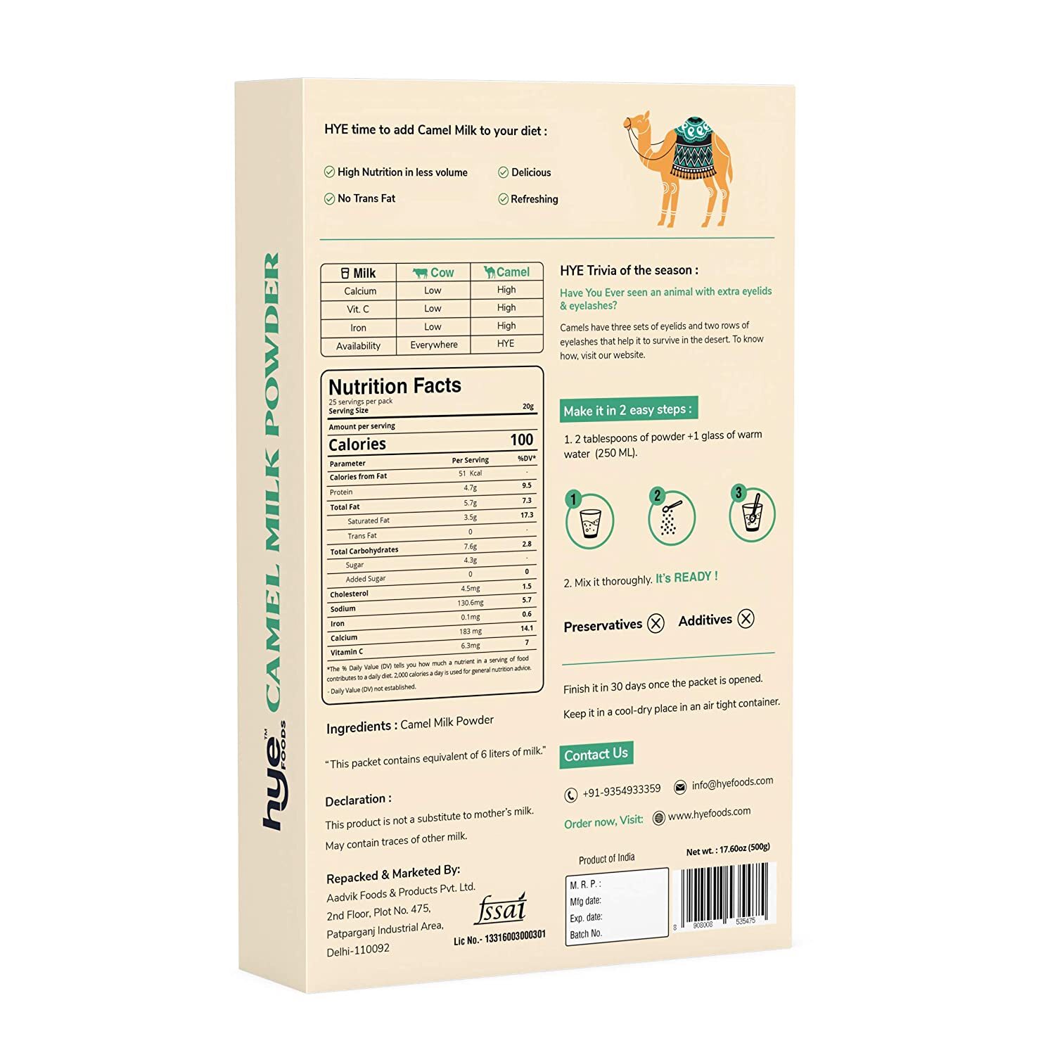 HYE FOODS Camel Milk Powder 500gm Long Expiry