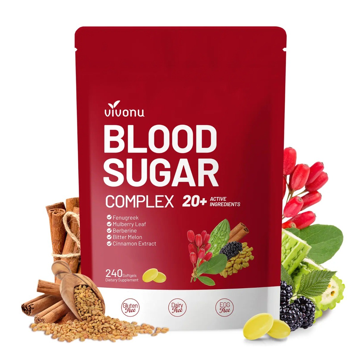 VivoNu Blood Sugar Complex Supplement with 20 Herbs and Vitamins 240 Softgels