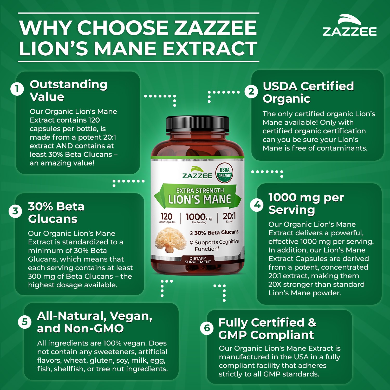USDA Organic Lion’s Mane 20:1 Extract, 16,000 mg Strength, 120 Vegan Capsules