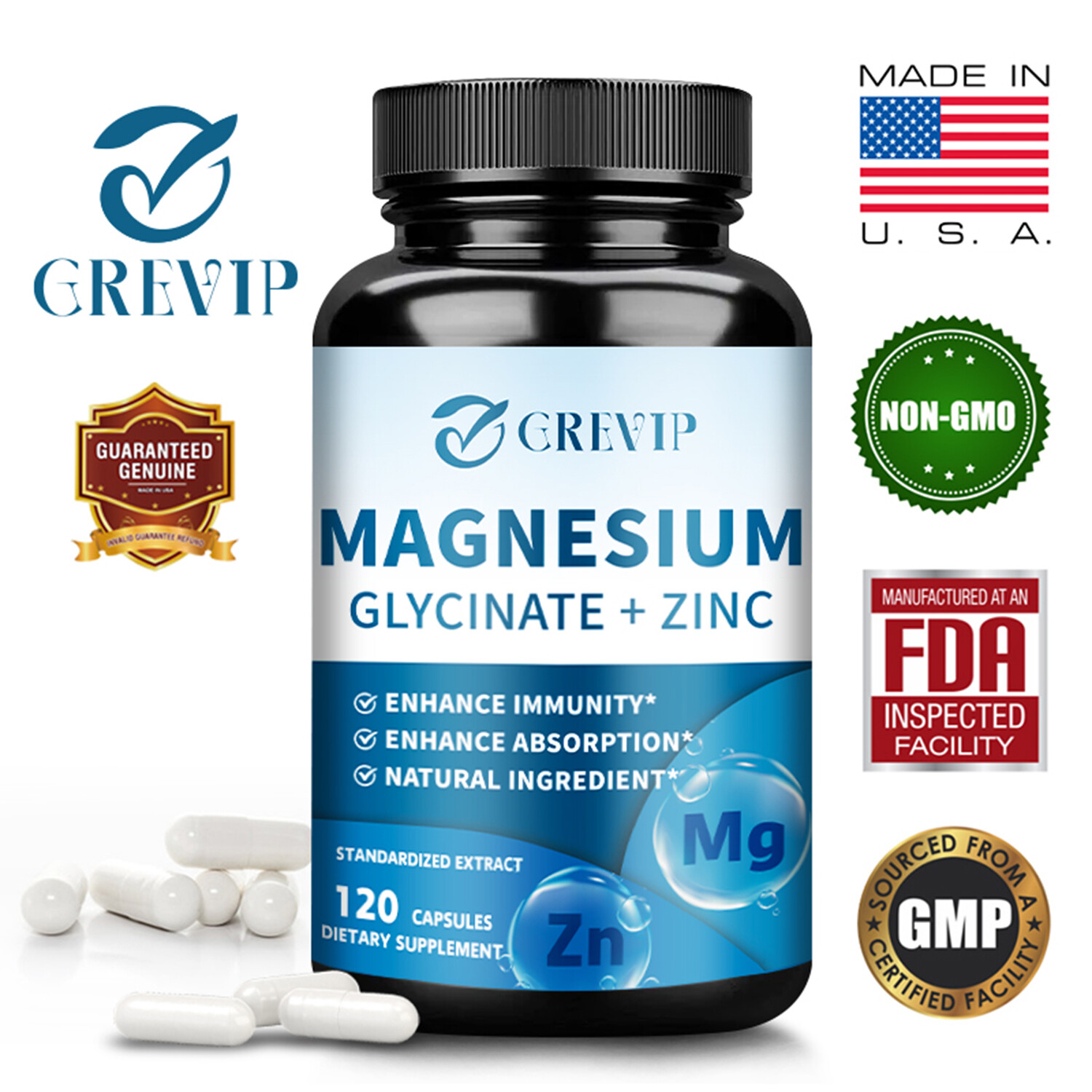 120pcs Magnesium Glycinate + Zinc – Brain & Heart Health,Stress & Anxiety Relief