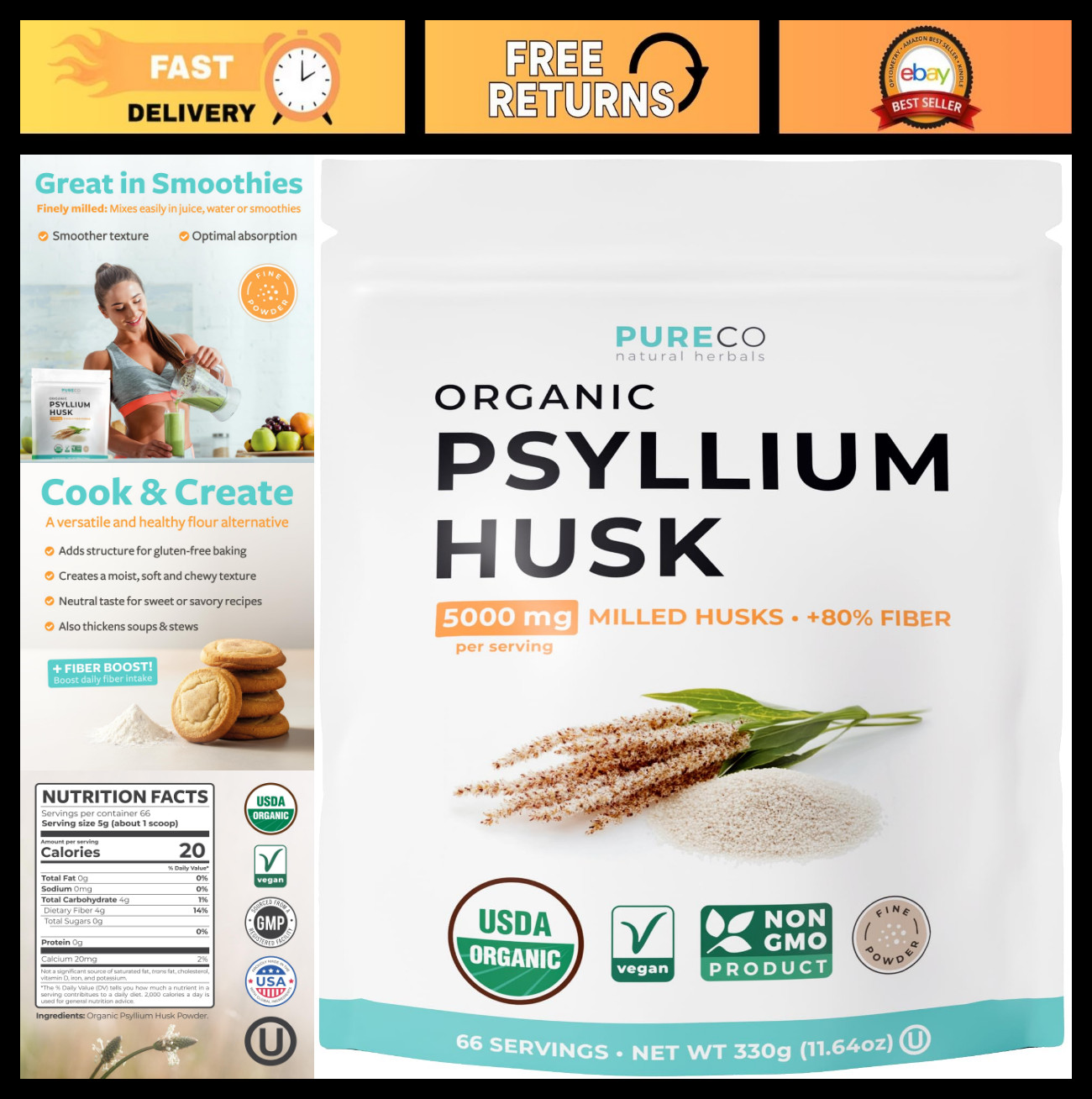 Organic Psyllium Husk Powder – Vegan Gluten Free Fiber for Baking & Smoothies –