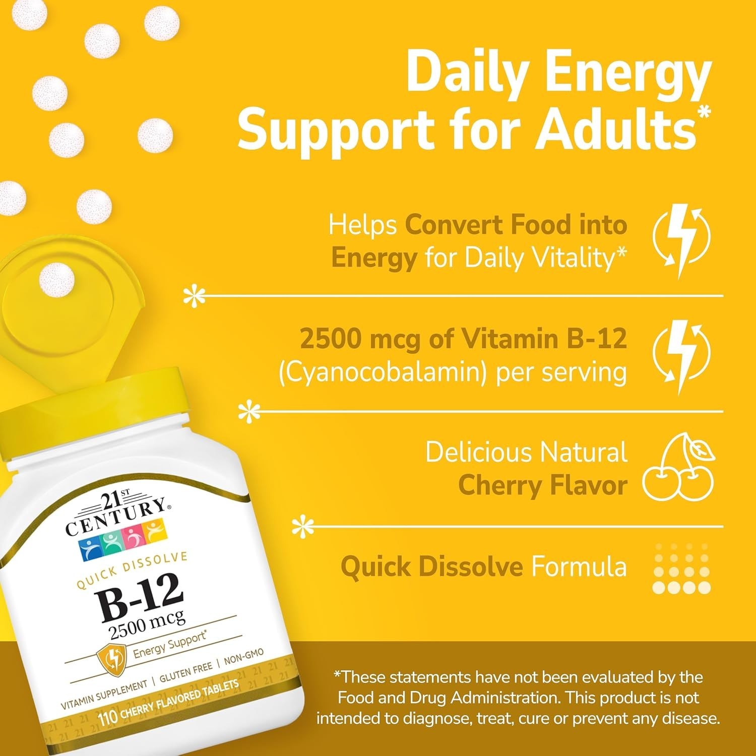 Energy-Boosting B-12 Cherry Tablets 110 Count – 2500 mcg Quick Dissolve Formula