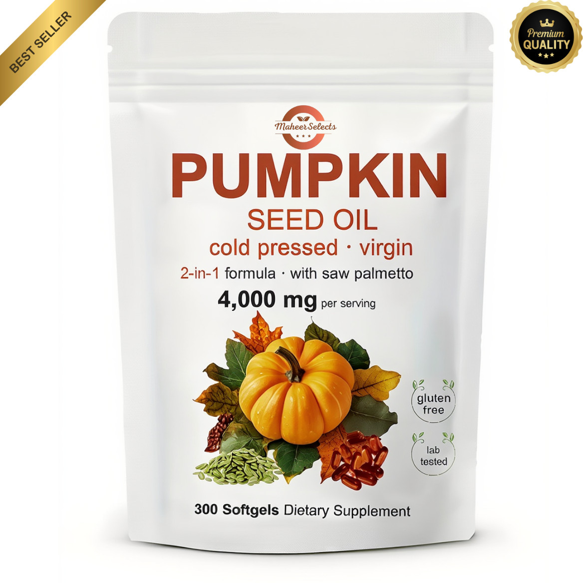 Pumpkin Seed Oil 4000mg Softgels | Cold Pressed Virgin | Saw Palmetto | 300 Coun