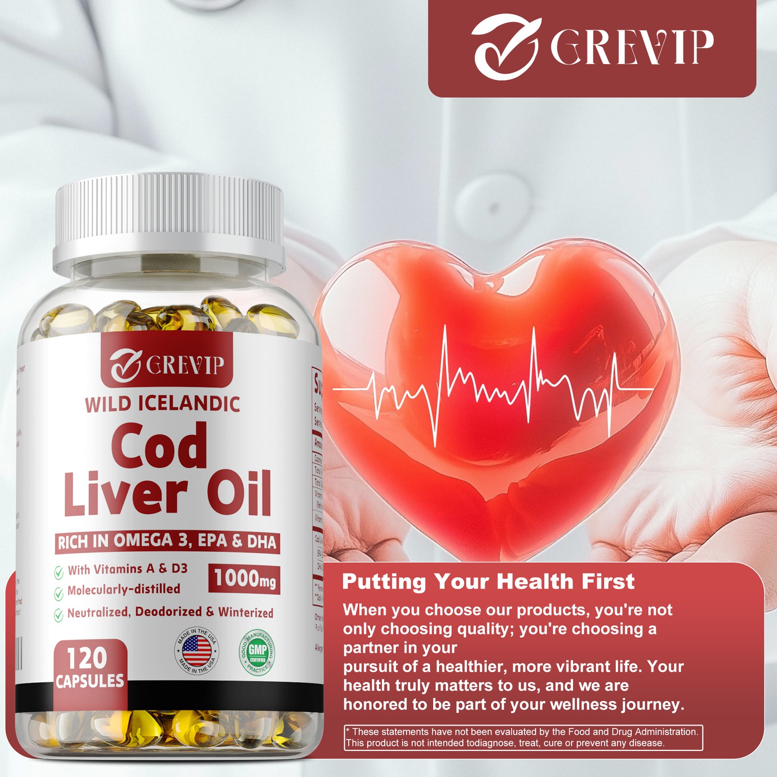 Wild Icelandic Cod Liver Oil Capsules 1000mg – Omega-3 EPA, DHA , Vitamin A & D3
