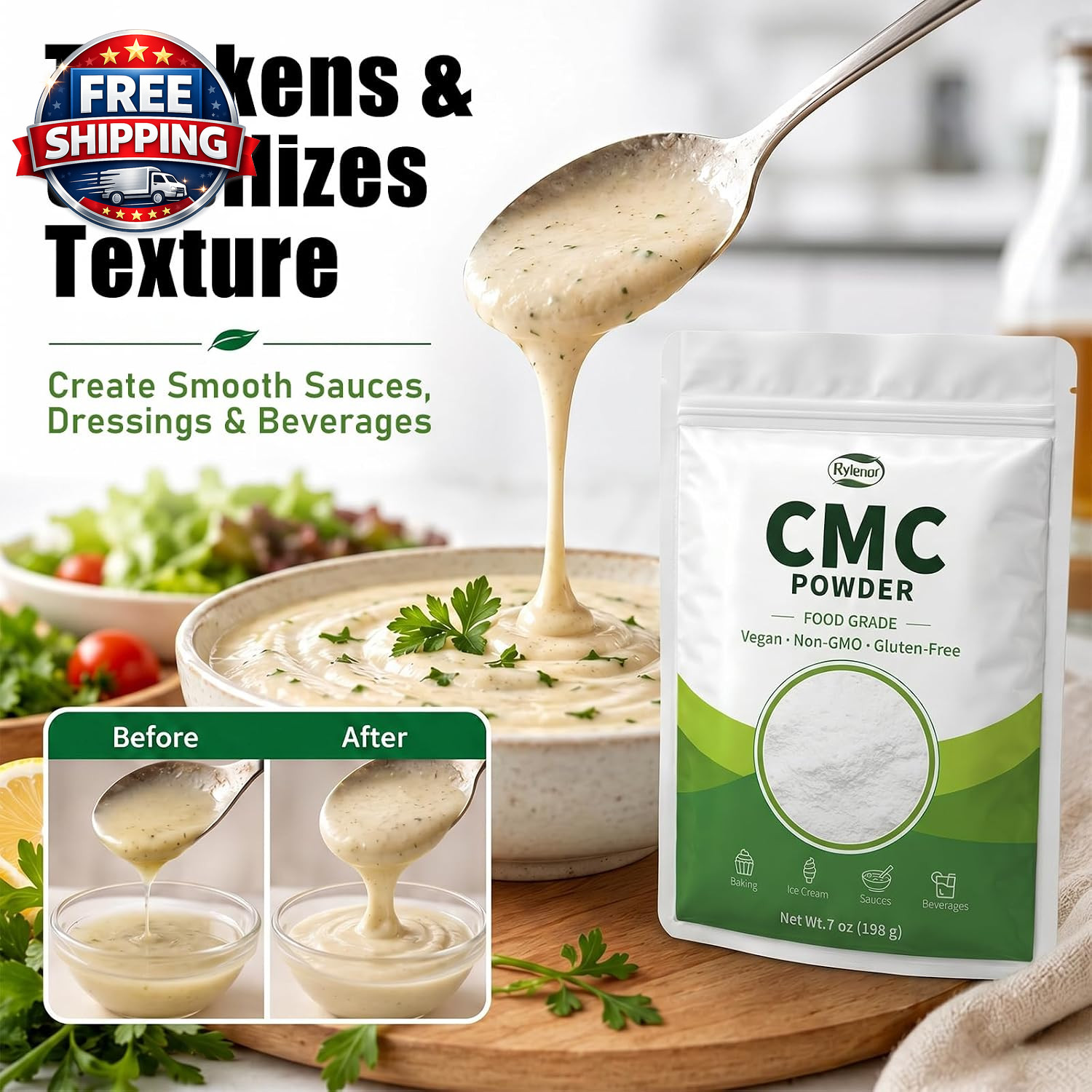 100% Pure CMC Powder CMC Para Helados for Fondant, Ice Cream Stabilizer – 7Oz Ce